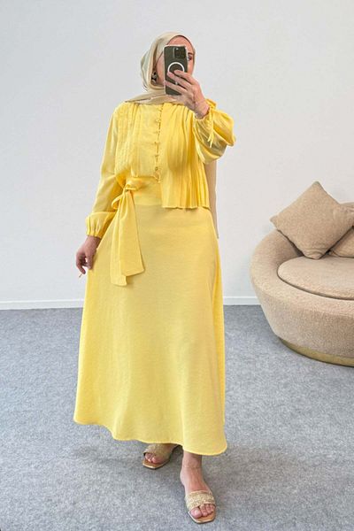 Hatun Atila Ribbed Belted Shirt with Gathered Sleeves and Floor-Length Skirt Two-Piece Suit 8875 - Yellow