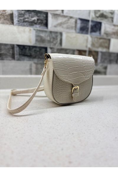 glowfit Geantă de damă crem cu model de crocodil model mango cu clapă, curea încrucișată, cataramă și curea