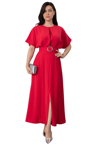 Modasultan Crew Neck Pleated Bat Sleeve Belted Front Slit Midi Dress