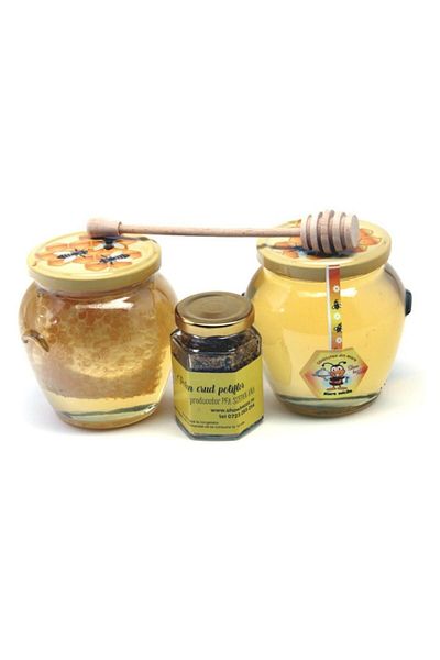 OEM Pachet Apicol 1 borcan faguri miere salcam, 1 borcan amfora miere salcam, 1 borcanel polen poliflor