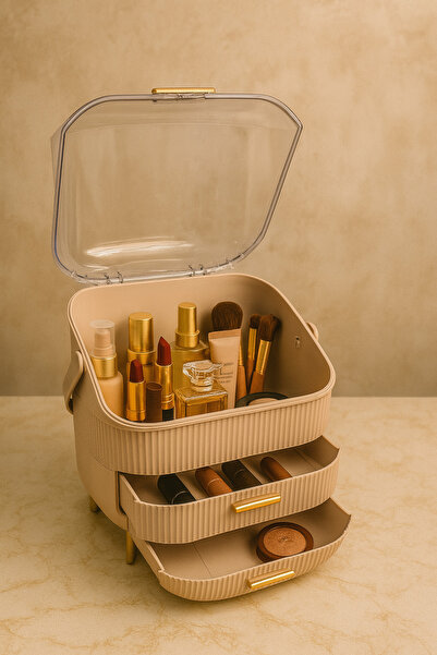 MAKRİ HOME Cappuccino Renk Kapaklı Makyaj Organizeri–3 Katlı, Şeffaf Kubbeli, Çekmeceli Düzenleyici