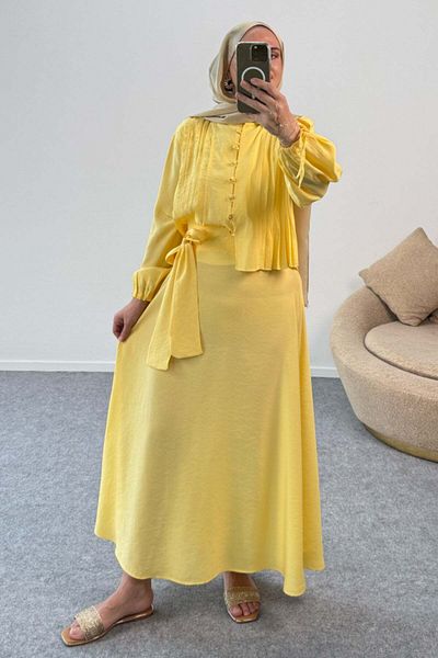 Hatun Atila Ribbed Belted Shirt with Gathered Sleeves and Floor-Length Skirt Two-Piece Suit 8875 - Yellow