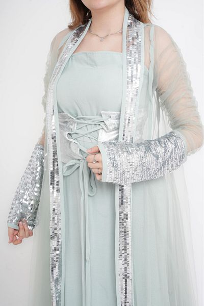 IKKXA Silver Glamour Sheer Sleeve Jalabiya