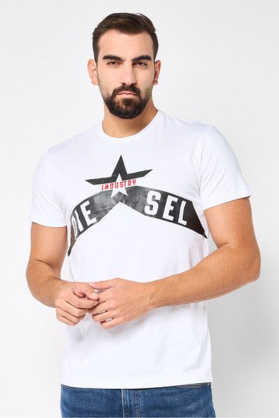 Diesel Men Crew Neck Short Sleeve Brand Logo T-Shirt, White