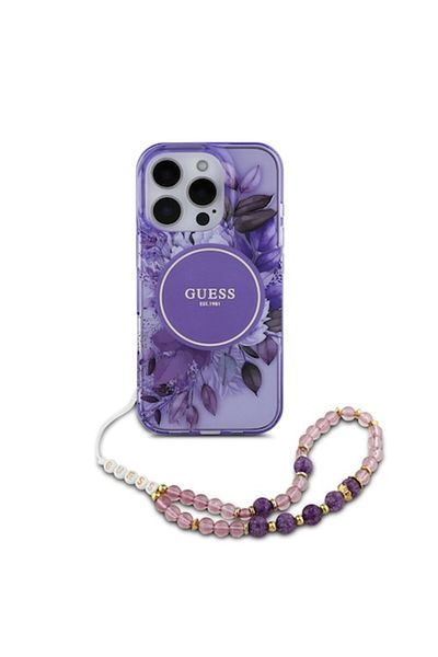 Guess Protective Case Compatible with Apple iPhone 16 Pro, IML Flowers, Pearl Strap, Silicon, Purple