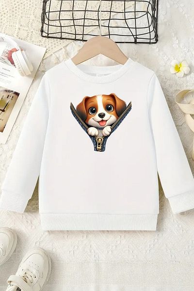 Sweetline Hanorac alb unisex pentru copii cu gât crew – Zip Dog, țesătură groasă