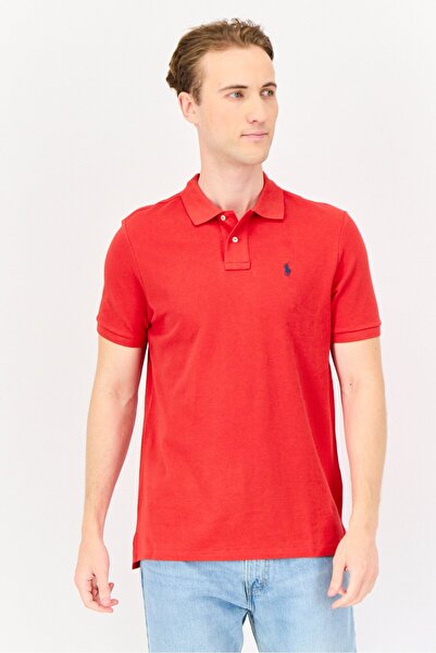Polo Ralph Lauren قميص بولو رجالي بقصّة Slim Fit وشعار مطرز وأكمام قصيرة، أحمر