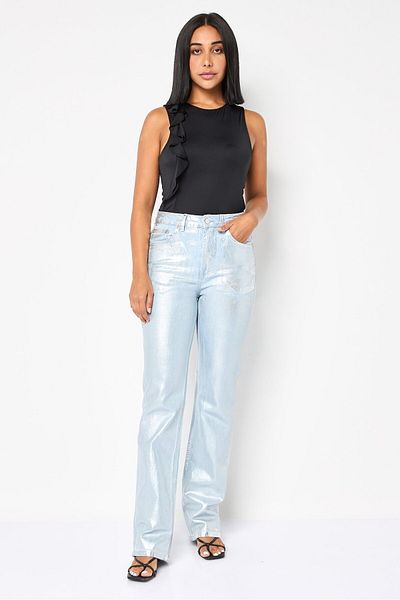 Don't Call Me Jennyfer Women Regular Fit Metallic Stretchable Cargo Jeans, Silver