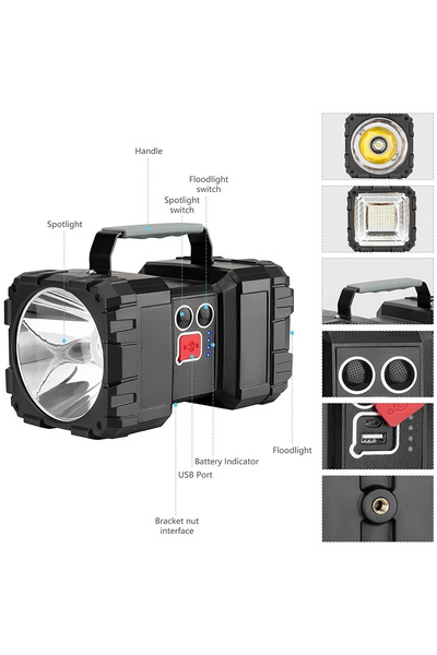 Generic Rechargeable LED Searchlight – 800m Range, USB Power Bank, Flood & Spot Modes - W844