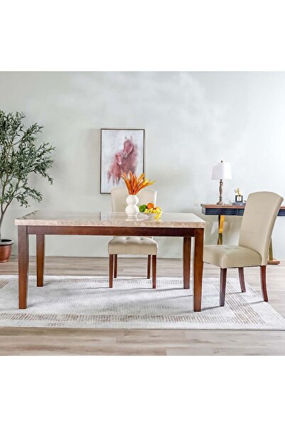 Danube Home Brody 6-Seater Marble Dining Table - Beige & Dark Wood Finish - 162.56x96.52x79cm, 3 Yrs Warranty