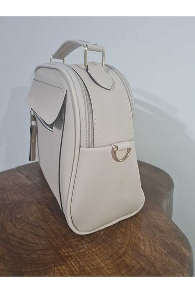 glowfit Women's Cream Kango Model Leather 3 Compartment Adjustable Strap Hand and Shoulder Bag