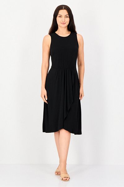 LONDON TIMES Women Plain Midi Casual Dress, Black