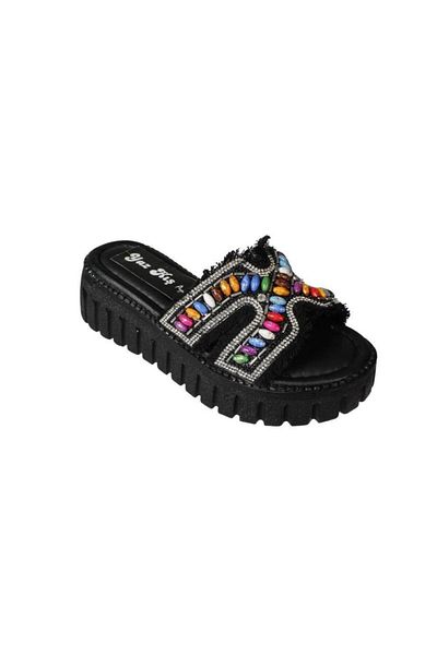 Yaz Kış Ayakkabı Yazkiş Women's Black Skin Tasseled Colorful Beaded 5cm Comfortable Sole Slippers