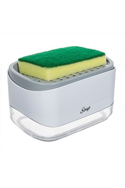 Dali Dozator 2 în 1 pentru detergent de vase cu suport pentru burete, 14x10x8cm, plastic, gri-alb