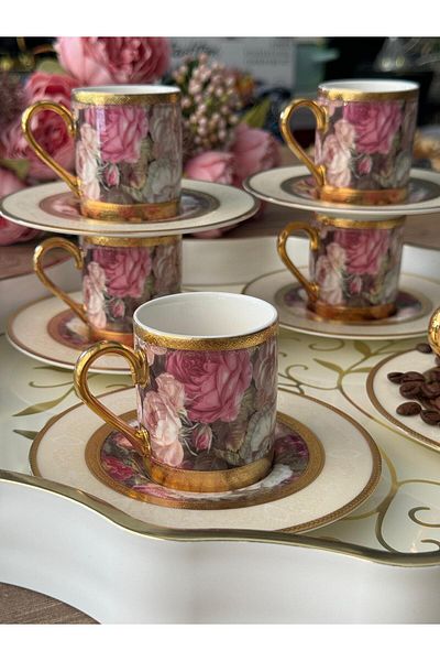 Meri Ev Gereçleri 24K Flores Turkish Coffee Cup Set for 6 People 12 Pieces