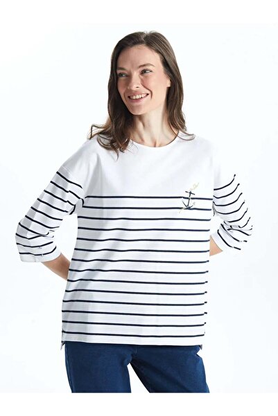 LC Waikiki LCW Grace Siyah Bisiklet Yaka Çizgili Penye Kadın Tişört