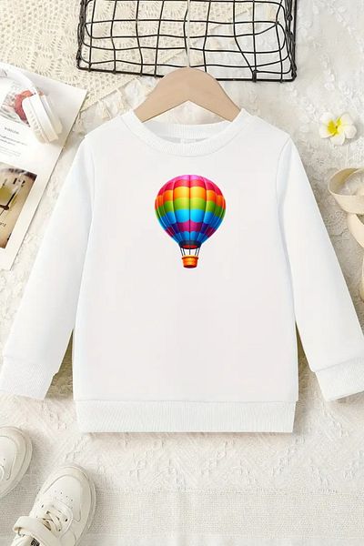 Sweetline Hanorac alb unisex pentru copii cu gât crew – balon zburător, țesătură groasă