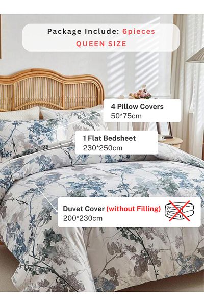 LUNA HOME Queen size 6 pieces, duvet cover set, tree with blue and grey leaves 200x230cm.
