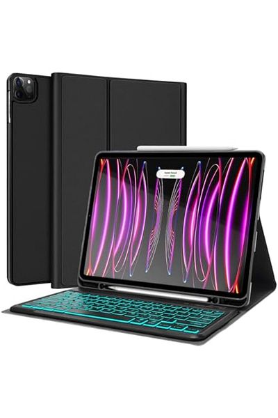 HYX حافظة iPad Pro 12.9 مع لوحة مفاتيح - قابلة للفصل لاسلكيًا، بإضاءة خلفية 7 ألوان، وحامل أقلام، ناعمة