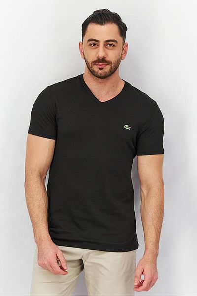 Lacoste Men V-Neck Short Sleeves Embroidered Tee, Black