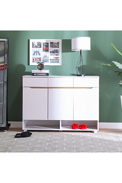 Danube Home Bill 3-Door & 3-Drawer Shoe Cabinet - Chic White/Oak, Stylish Storage for 22 Pairs, 120x40x90cm