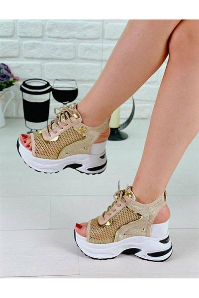 NUA Goldlace Gold Mesh 10 cm High Heel Lightweight Sandals