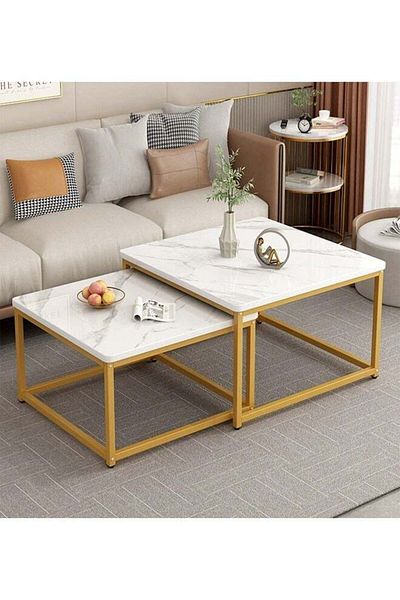 Türkiye ATM Modern Nesting Coffee Table Set with Wooden Top and Gold Metal Frame - 70x46x70 CM - 60X41X60 CM