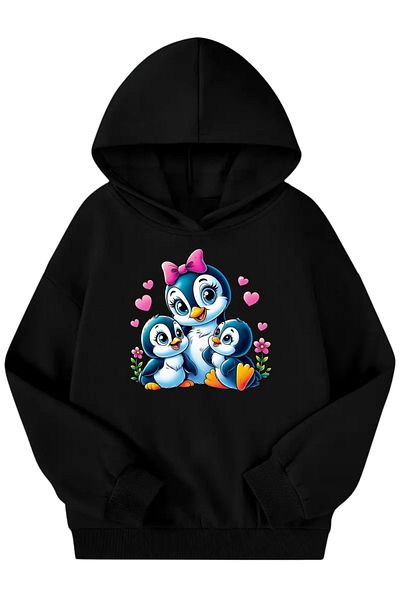 Sweetline Hanorac negru unisex pentru copii cu glugă – țesătură groasă cu imprimeu pinguin
