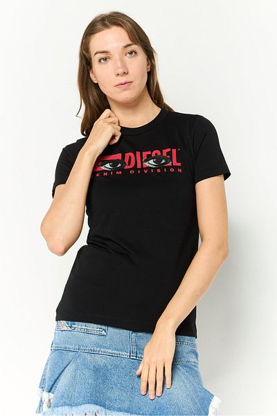 Diesel تي شيرت نسائي بطبعة جرافيكية بأكمام قصيرة ورقبة دائرية، أسود