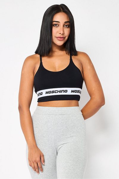 Moschino حمالة صدر رياضية مبطنة بشعار العلامة التجارية للنساء، باللون الأسود