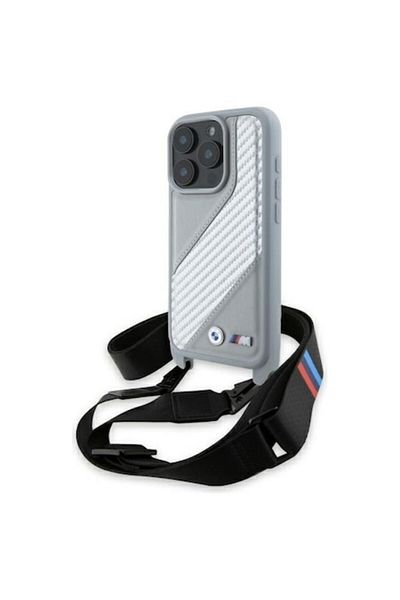 BMW Husă de protecție compatibilă cu iPhone 16 Pro Max, piele ediție M cu dungi/curea carbon, gri