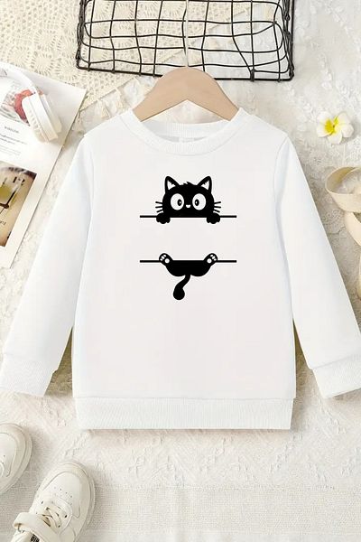 Sweetline Unisex White Kids Crew Neck Sweatshirt – Black Cat Printed, Thick Fabric with Hood
