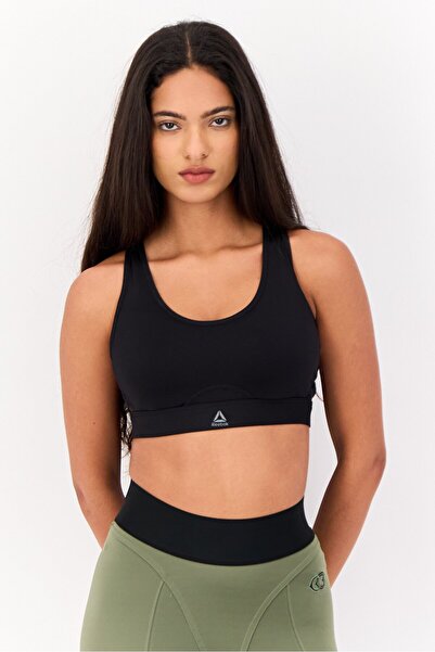 Reebok حمالة صدر رياضية مبطنة بشعار العلامة التجارية للنساء، باللون الأسود