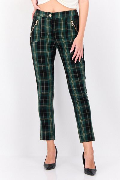 Cortefiel Women Regular Fit Plaid Straight Leg Pants, Black