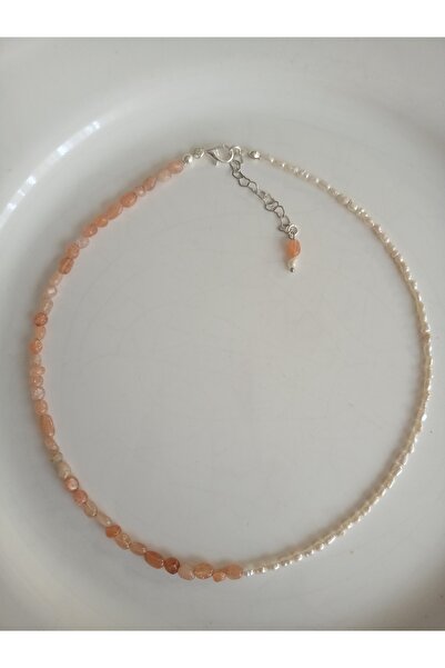 Mudita Tasarım 2/3 mm gerçek doğal tımbıl güneş taşı , 2/3 mm gerçek doğal tatlı su incisi kolye