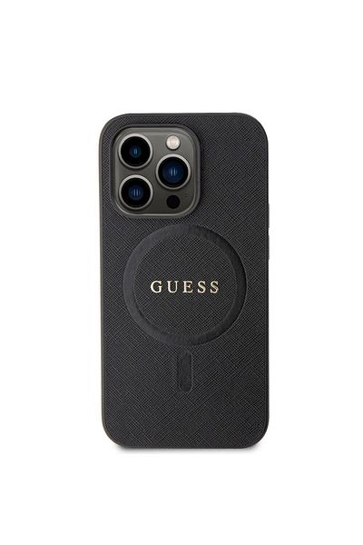 Guess Protective Case for Apple iPhone 15 Pro, Saffiano, MagSafe Compatible, Leather, Black