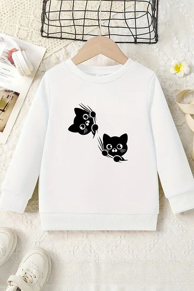 VBSVİBES Unisex White Kids Crew Neck Sweatshirt – Double Black Kittens, Thick Fabric with Embossing