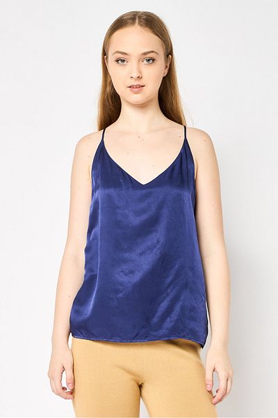 Scotch & Soda Women V-Neck Sleeveless Solid Tank Top, Navy Blue