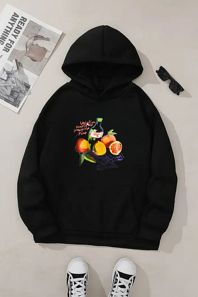 Sweetline Hanorac negru unisex cu glugă – țesătură groasă cu imprimeu de vacanță