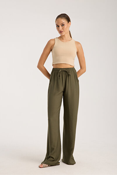 Ahsenbutik Linen Blend Loose Cut Trousers Khaki