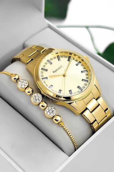 Ferrucci Steel Cord & Case Women Wrist Watch, Stone Detailed Dial Gold Sdfer181