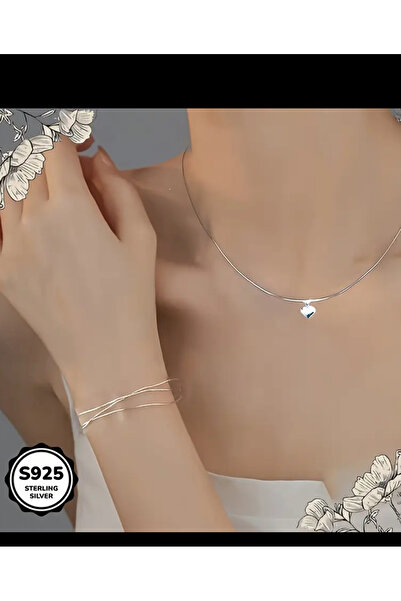 Marmara 925 Gümüş kalpli kolye+Bileklik şık zarif 3 katmanlı yılan derisi bileklik