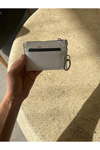 mlio White Leather Card Holder Wallet with Keychain Ring and Zipper