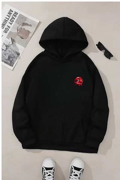 Sweetline Hanorac negru unisex cu glugă – șiret de buze imprimat, țesătură groasă