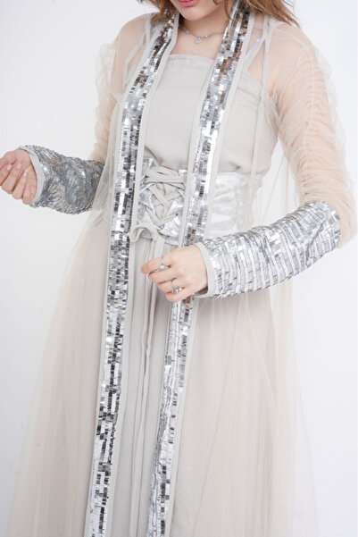IKKXA Silver Glamour Sheer Sleeve Jalabiya