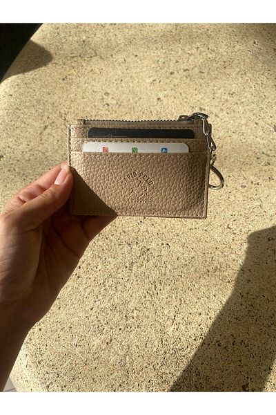 mlio Beige Leather Card Holder Wallet with Keychain Ring and Zipper