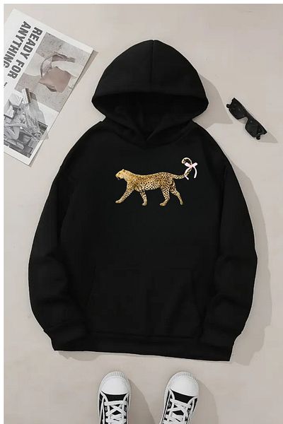 Sweetline Hanorac negru unisex cu glugă – țesătură groasă cu imprimeu leopard