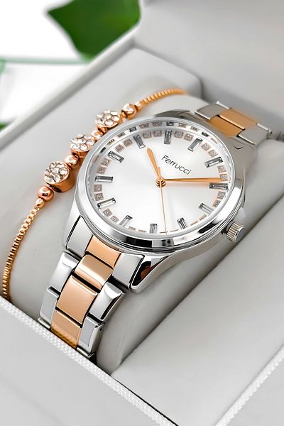 Ferrucci Stone Detailed Dial, Steel Band Steel Case Women's Wrist Watch, Silver-Rose Zmfer199