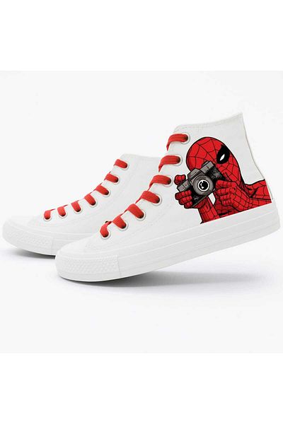 LİASSHOES White Linen Photographer Spider Printed Children's Sports Shoes Sneaker