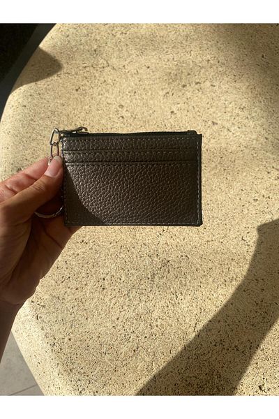mlio Gray Leather Card Holder Wallet with Keychain Ring and Zipper